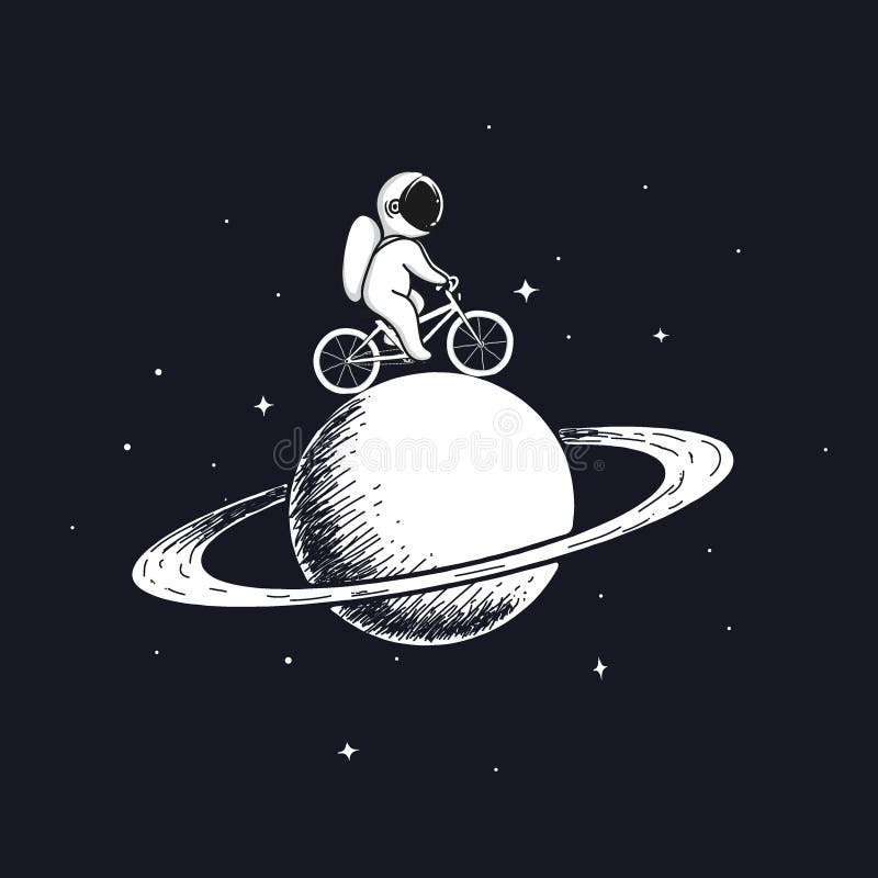 Cute astronaut rides on bicycle at the Saturn stock illustration