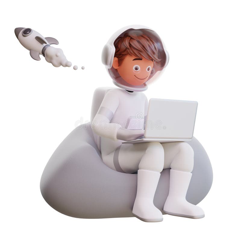 cute astronaut sit and hold laptop