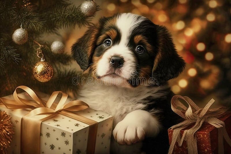 Cute Australian Shepherd Puppy Under the Christmas Tree, Ai Generative ...
