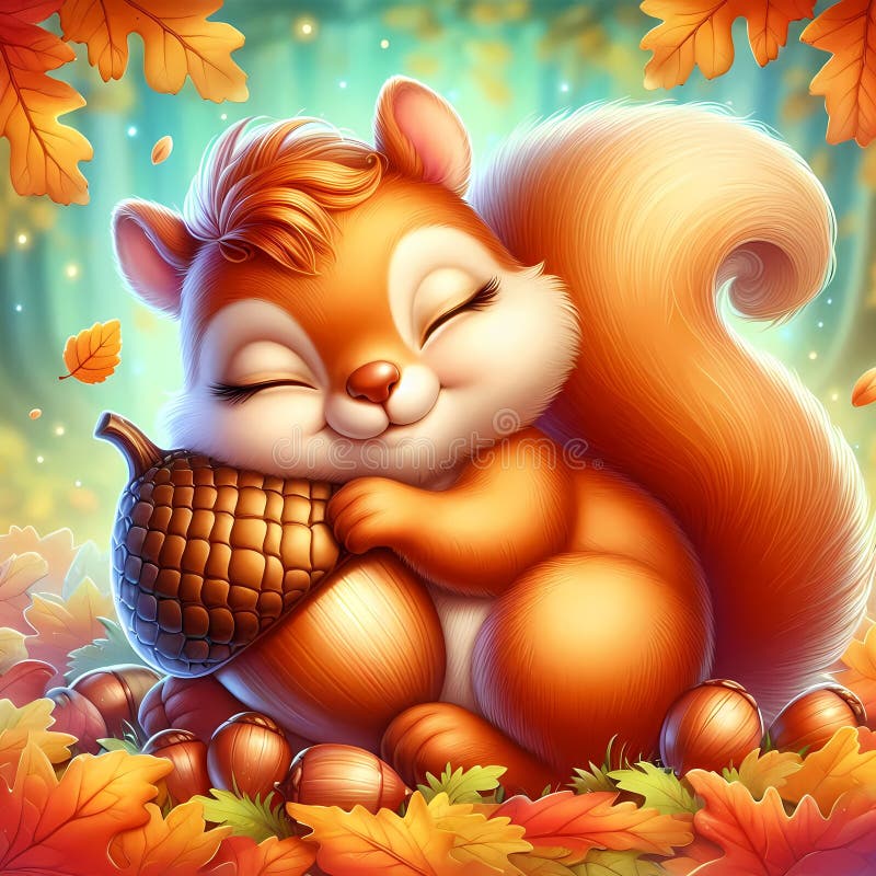 Cute autumn squirrel hugging acorn in colorful fall forest, cartoon stock photography