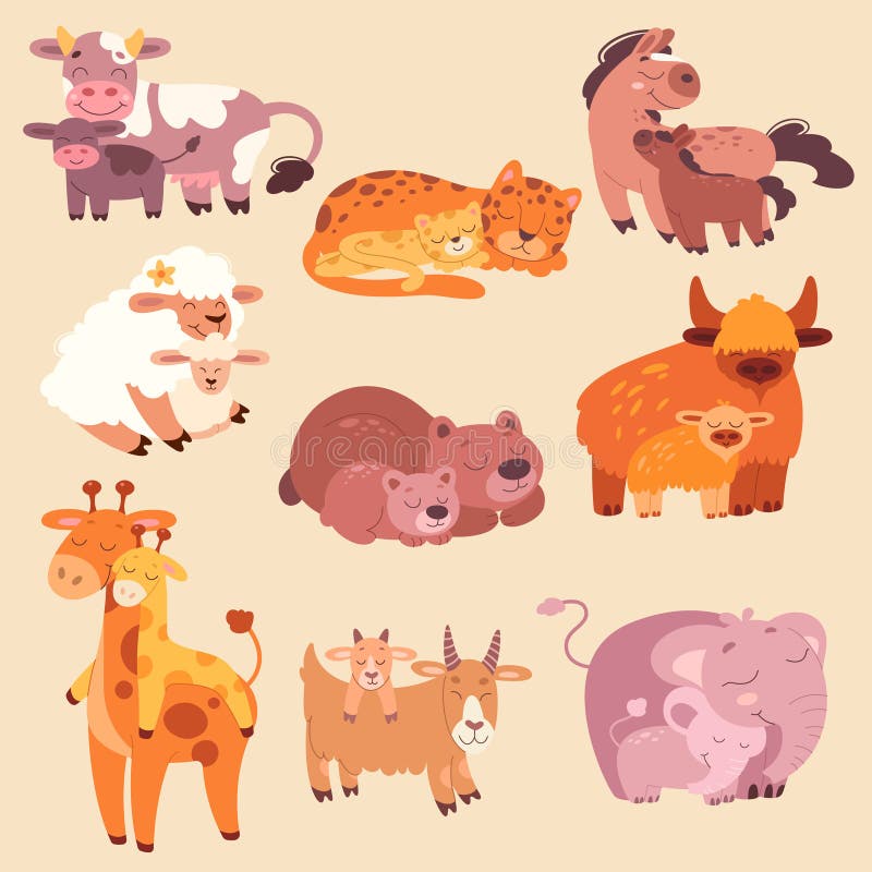 Cute baby animals flat icons set. Funny wild tiger, elephant and giraffe. Domestic cow, goat and sheep