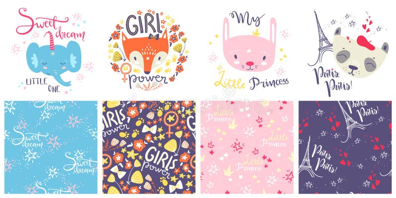 Cute baby animals and seamless patterns. Hand drawn vector illus