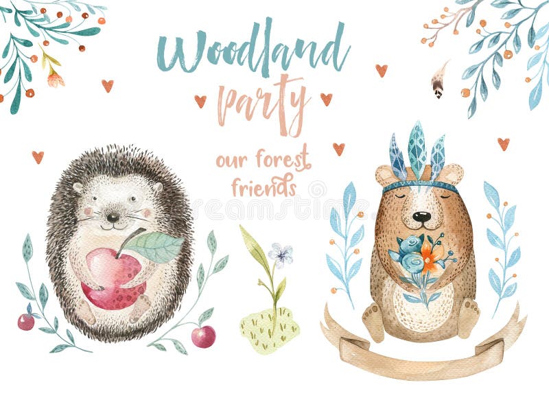 Cute baby bear and decor, forest drawing illustration, watercolour, hedgehog animal nursery isolated for children stock illustration Cute baby bear and decor, forest drawing illustration, watercolour, hedgehog animal nursery isolated for children stock illustration