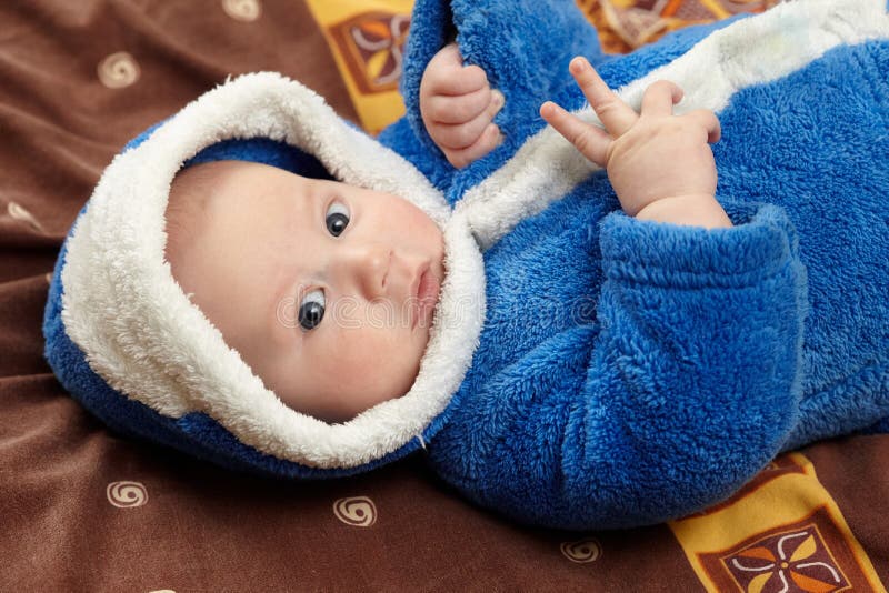 Cute Baby Boy in Blue Bathrobe Lying on Bed Stock Image Image of