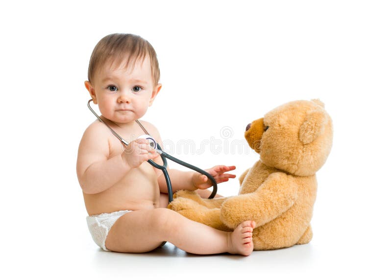 Cute baby boy weared diaper with stethoscope and toy