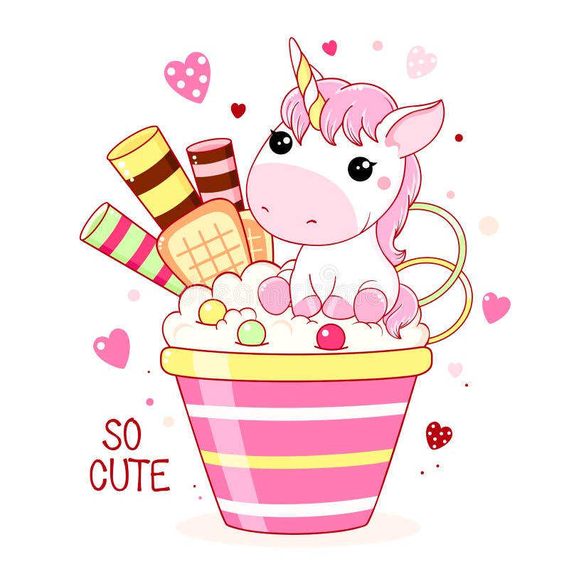 Cute Baby Card In Kawaii Style Lovely Unicorn And Ice Cream Stock