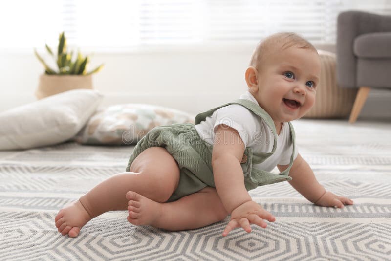 Cute Baby Crawling on Floor at Home Stock Photo Image of carpet