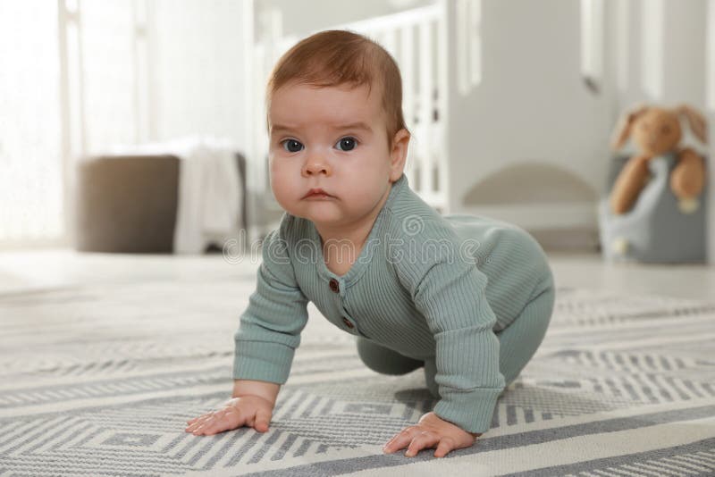Cute Baby Crawling on Floor at Home Stock Image Image of healthy
