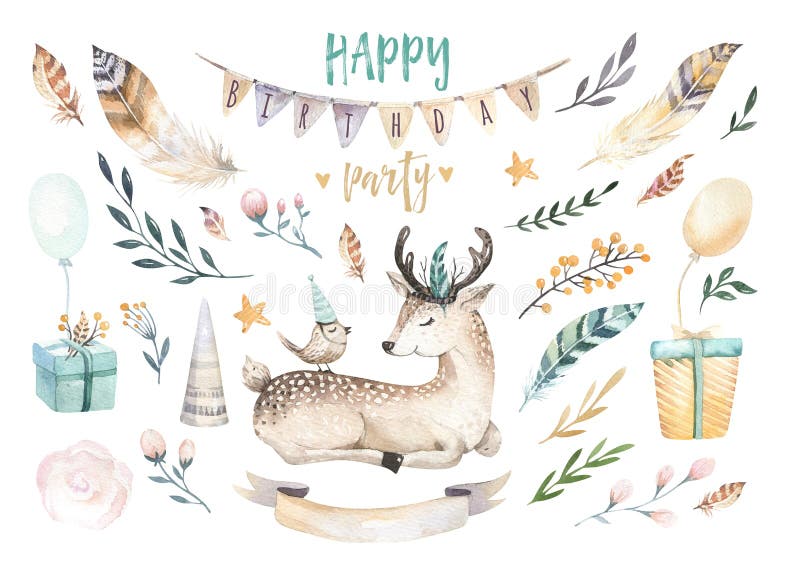 Cute baby deer nursery animal isolated illustration for children. Bohemian watercolor boho forest deer family drawing