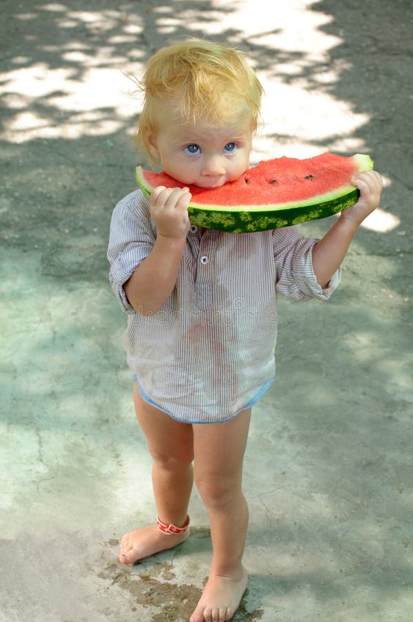 Cute Baby with a Delicious Melon Stock Image Image of happy, leisure
