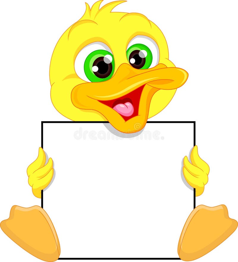 Cute baby duck cartoon and blank sign vector illustration