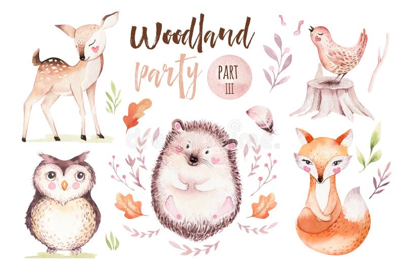 Cute baby fox, deer animal nursery bird and bear isolated illustration for children. Watercolor boho forest drawing stock illustration