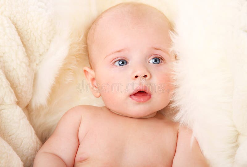 Cute baby on the fur stock image. Image of baby, expression 19028803