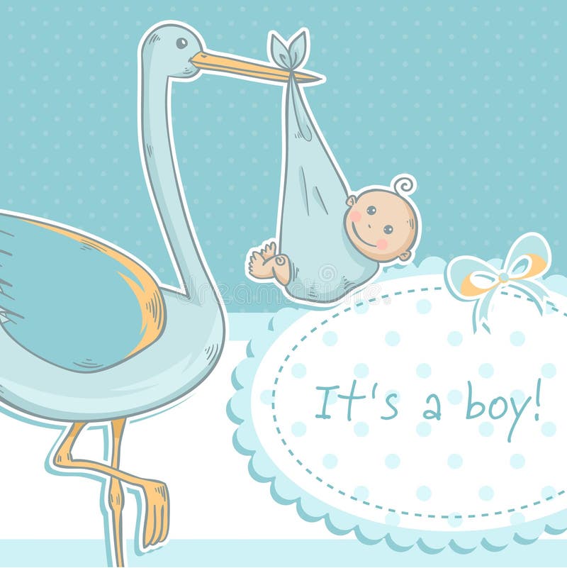 Cute baby girl announcement card with stork and ch