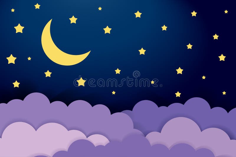 Cute baby illustration of night sky. Half moon, stars and clouds on the dark background. Night scene vector