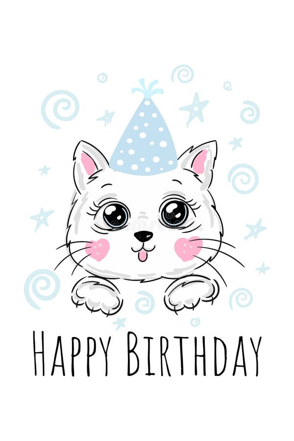Cute Baby Kitten or Cat on Happy Birthday Card Template. Happy Birthday ...