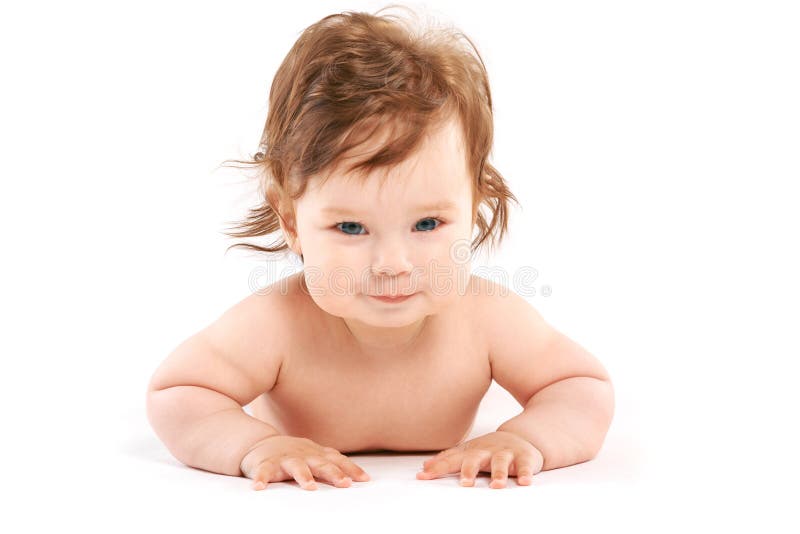 Naked Surprised Baby Girl Lying On White Bed Stock Image 