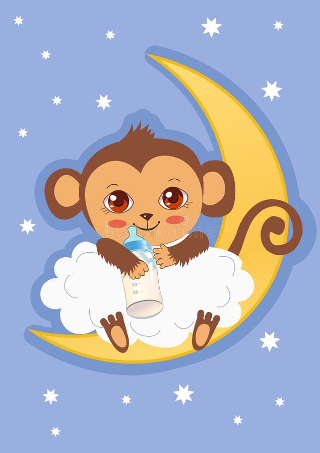 Cute Baby Monkey on the Moon Holding a Bottle of Milk. Cartoon Vector ...