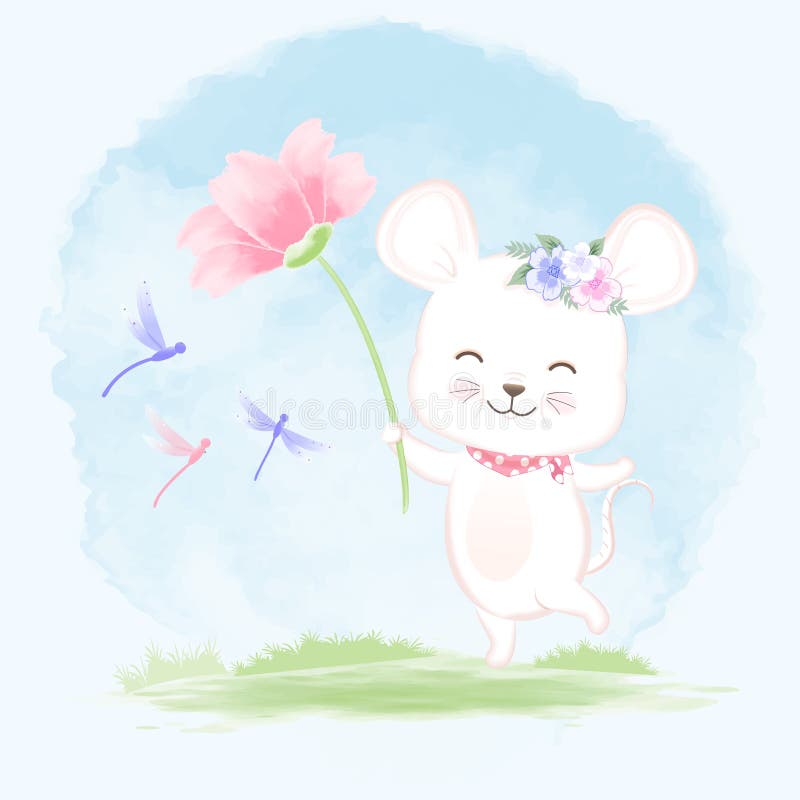 Cute baby mouse holding flower with dragonfly hand drawn cartoon watercolor illustration