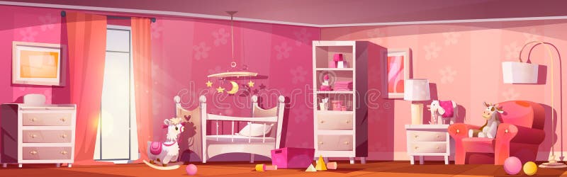 Cute baby nursery room interior with crib cartoon vector illustration