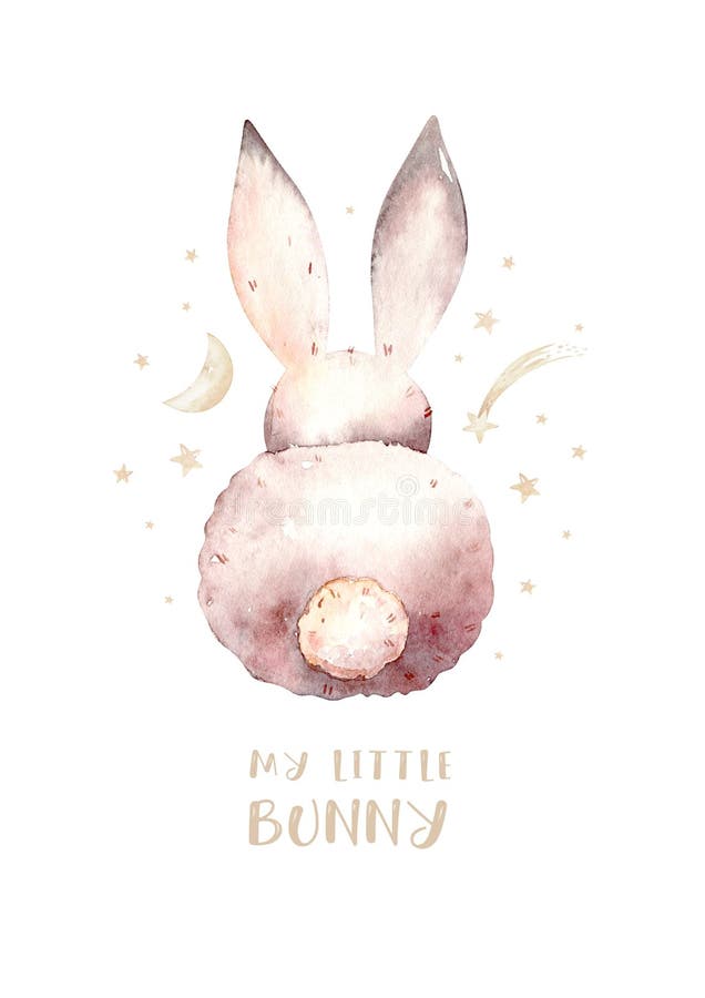 Cute baby rabbit animal dream illustration comet with gold stars in night sky, forest bunny illustration for children royalty free stock photography Cute baby rabbit animal dream illustration comet with gold stars in night sky, forest bunny illustration for children royalty free stock photography