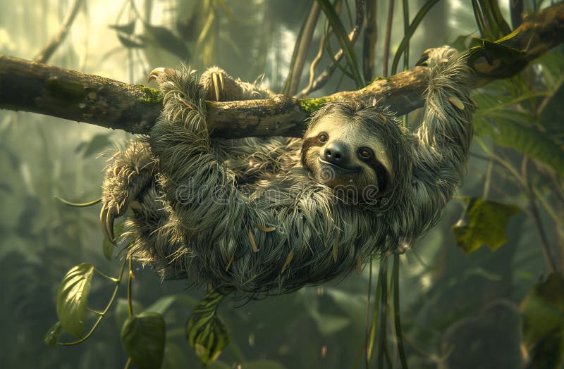A cute baby sloth dangles from a tree branch in the lush forest, AI-generated.