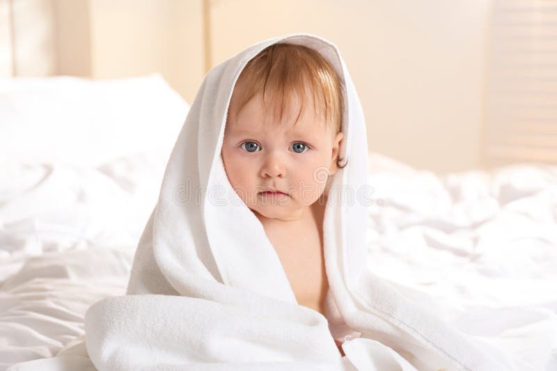 Cute Little Baby with Soft Towel on Bed after Bath Stock Image Image