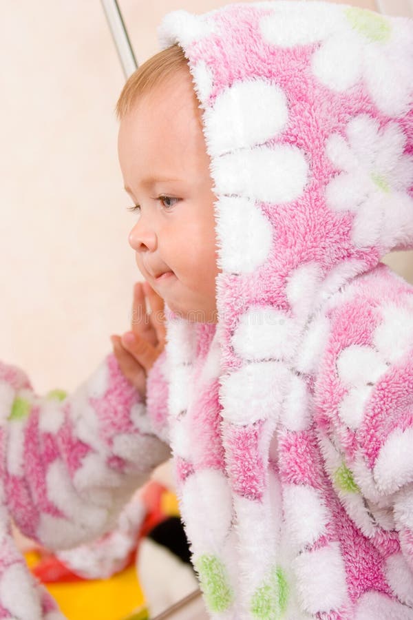 Cute Baby With Terry Bathrobe Looking At Mirror Picture. Image 6048695