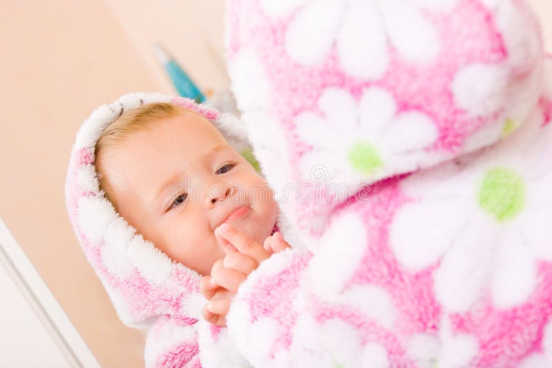 Cute Baby with Terry Bathrobe Looking at Mirror Stock Photo Image of