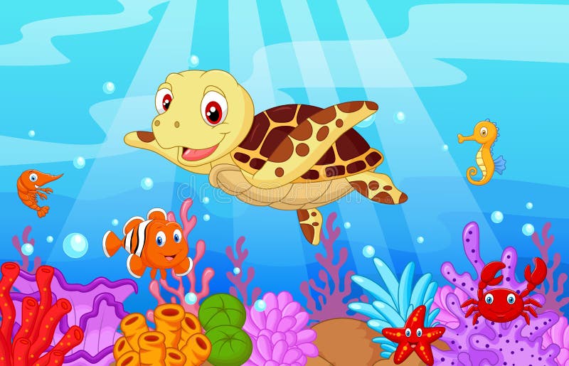 Download Cute Baby Turtle Cartoon With Collection Fish Stock Vector ...