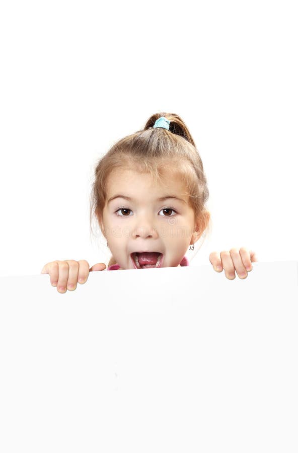 Cute baby with white blank banner isolated stock images Cute baby with white blank banner isolated stock images