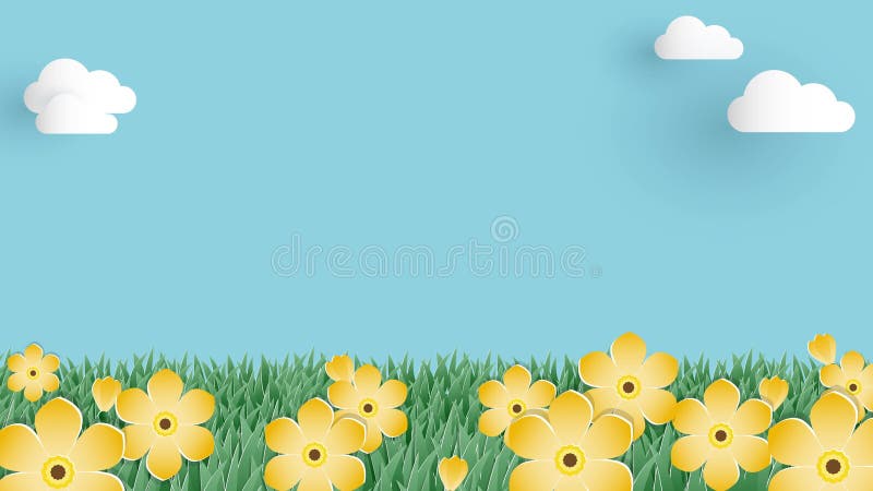 Cute background animation footage of the meadow with yellow flowers on blue sky and white cloud in paper art style.