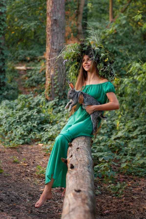 Barefoot Woman In Dress Forest