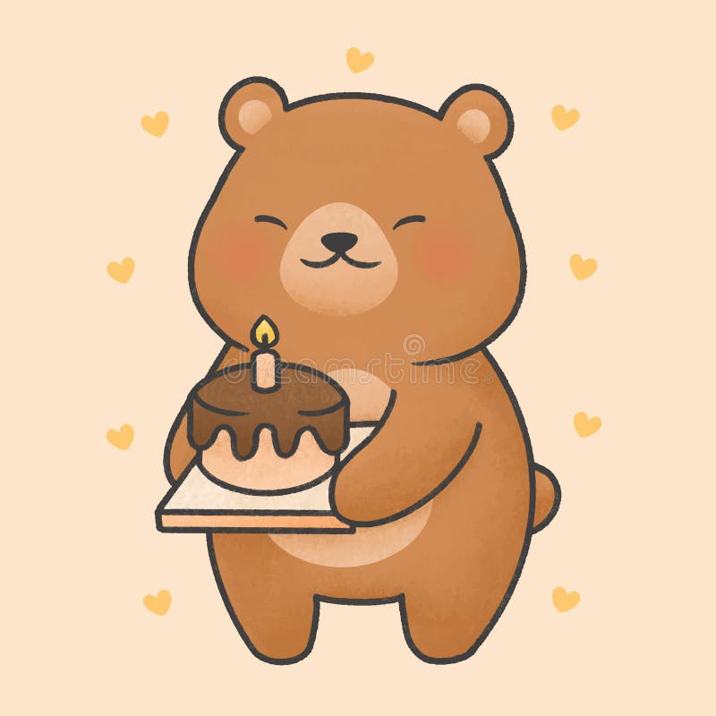 Cute bear with birthday cake cartoon hand drawn style