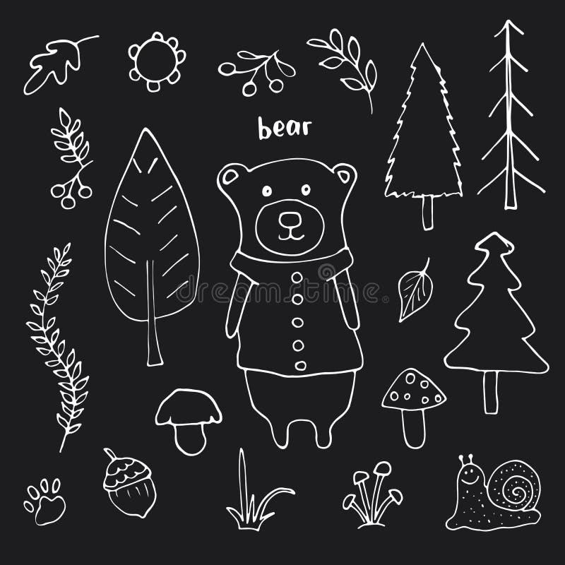 Cute Bear in Forest. Cartoon Animal in Woodland with Trees and Plants ...