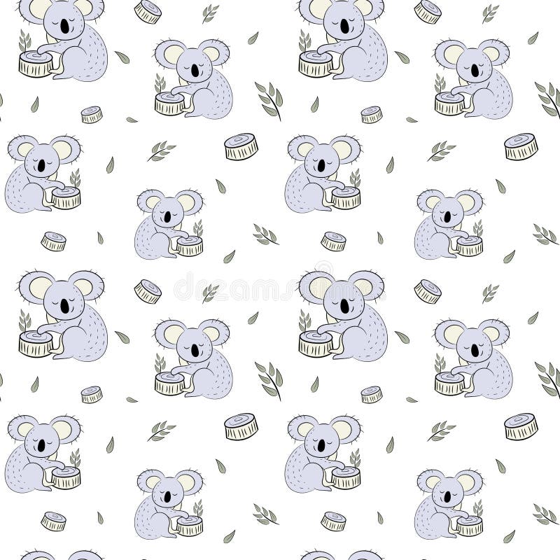 Cute Bear Koala Doodle Seamless Pattern. Vector Background with Koalas