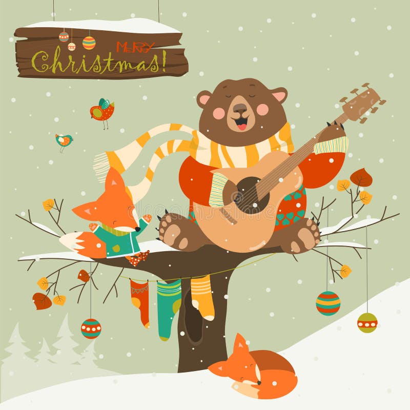 Cute bear and little fox celebrating Christmas vector illustration Cute bear and little fox celebrating Christmas vector illustration