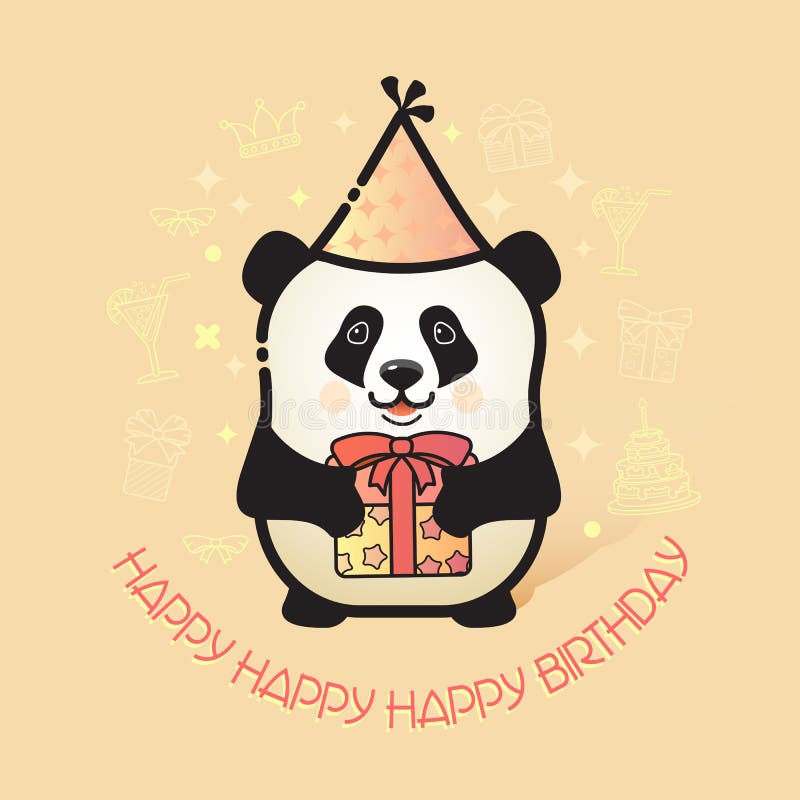 Cute bear panda holds a gift. Happy Birthday card. stock illustration Cute bear panda holds a gift. Happy Birthday card. stock illustration