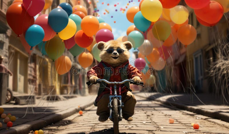 cute bear riding a bicycle with many colorful balloons AI generated. cute bear riding a bicycle with many colorful balloons AI generated