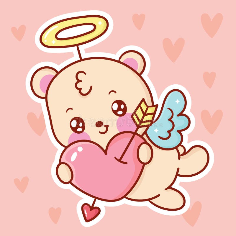 Cute bear vector cupid cartoon hug heart fly on sky pastel background Valentines day