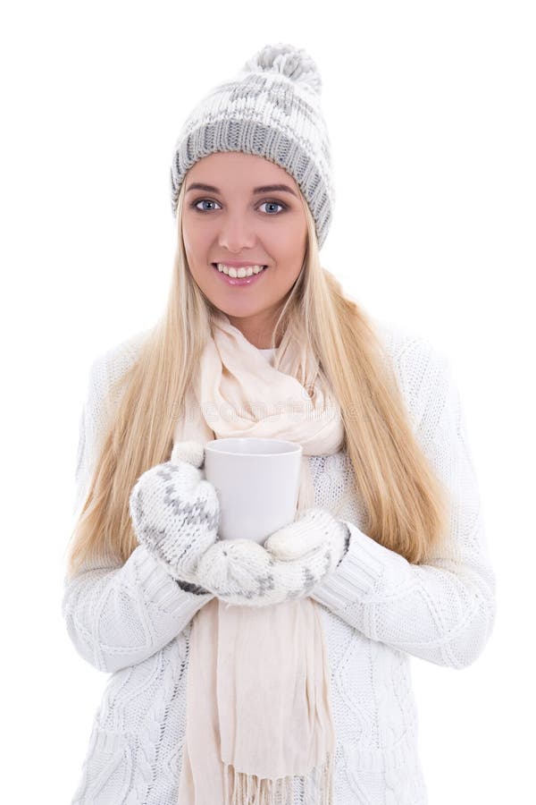 Cute Beautiful Woman In Winter Clothes With Cup Of Tea Or Coffee Stock ...