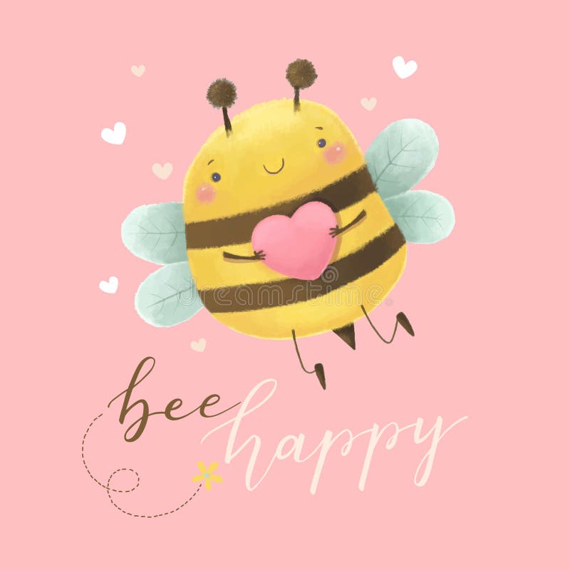 Cute bee holding pink heart with quote bee happy on pink background. Valentines Day card