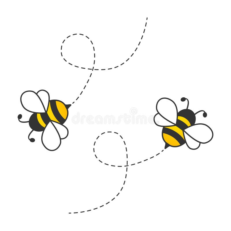 Cute bees with dotted route. Flying cartoon bee character.
