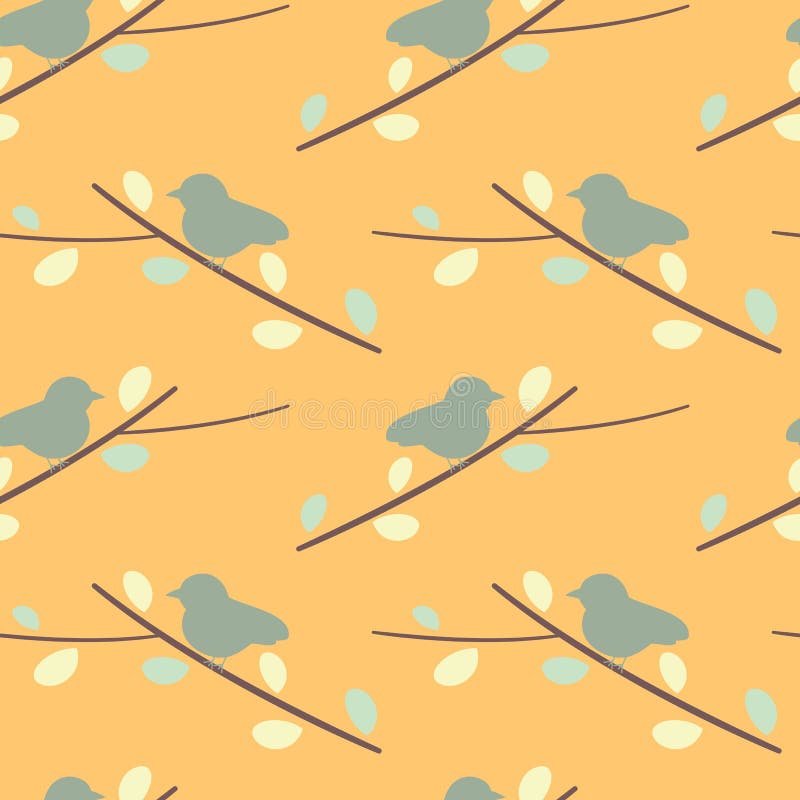 Cute bird on branch silhouette seamless pattern background illustration