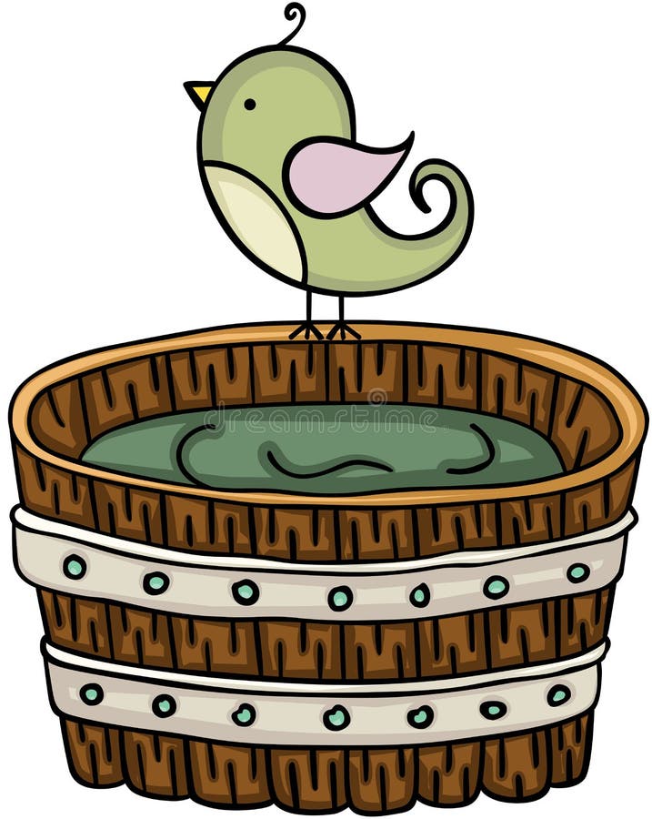 Cute Bird with Wooden Tub for a Bath Stock Vector Illustration of