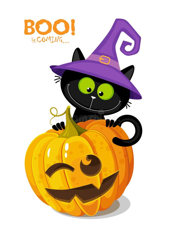 Cute Black Cat in a Witch Hat Behind a Halloween Pumpkin. Hand Drawing ...