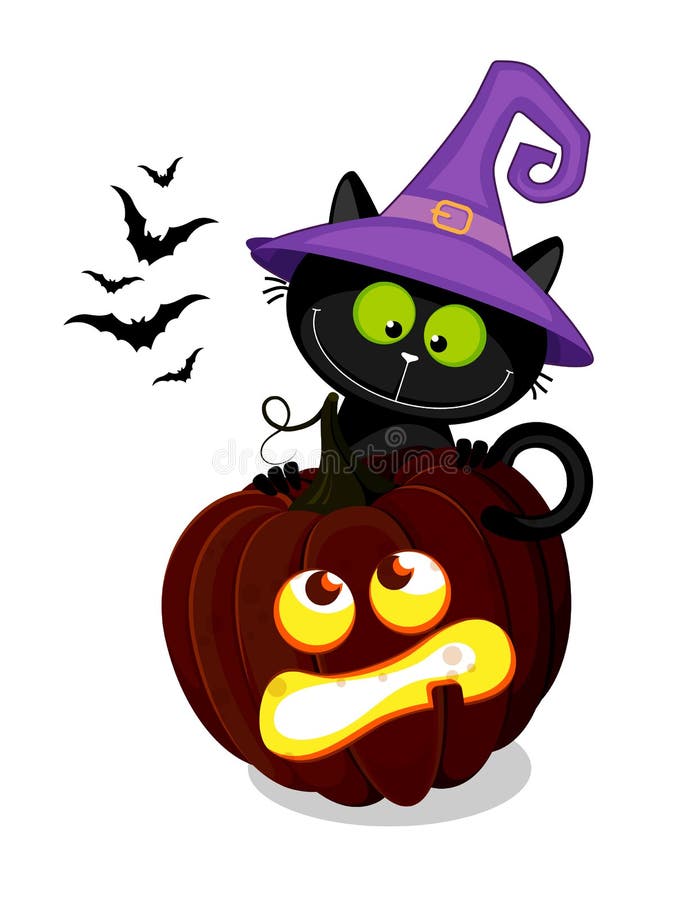 Cute Black Cat in a Witch Hat and Halloween Pumpkin. Hand Drawing ...