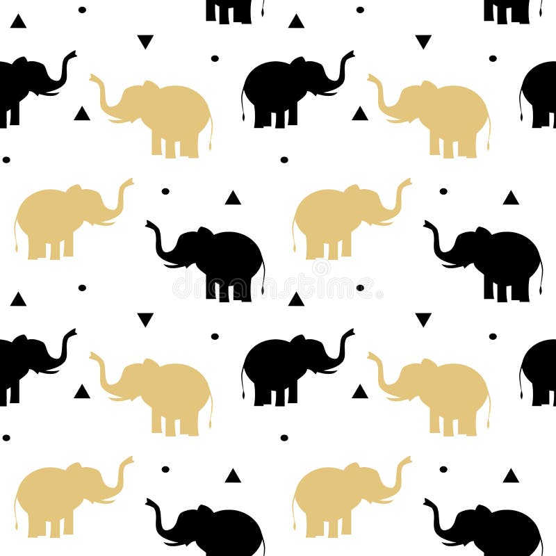 Gold Elephants on Black Seamless Background Stock Illustration