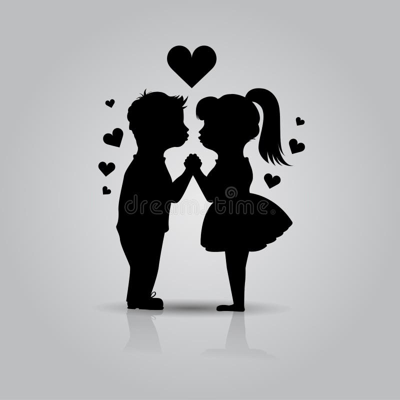 Cute Black Icon Of Kissing Couple Of Children Boy And Girl Stand Holding Hands Before Kiss First Love First Kiss Stock Vector Illustration Of Kiss Happy