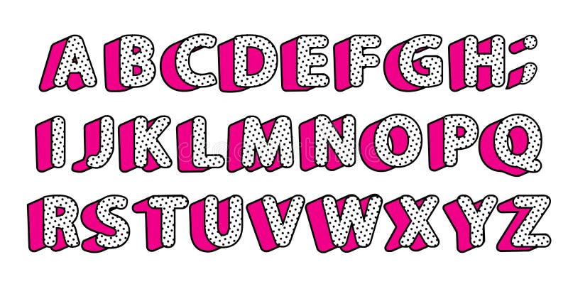 Cute black polka dots 3D english alphabet letters set. Vector LOL girly doll surprise style.